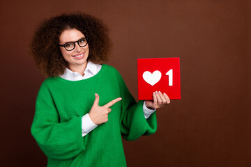 Photo of attractive person direct finger arm hold like notification logotype isolated on brown...
