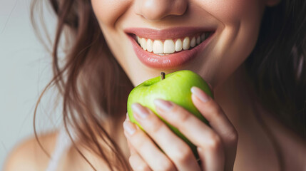 Smiling woman with healthy white teeth holds angreen apple