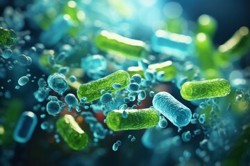 Escherichia Coli , E. Coli Bacterial Strains, Health and Food Safety microcosm, organismal and human biology science and research. - obrazy, fototapety, plakaty