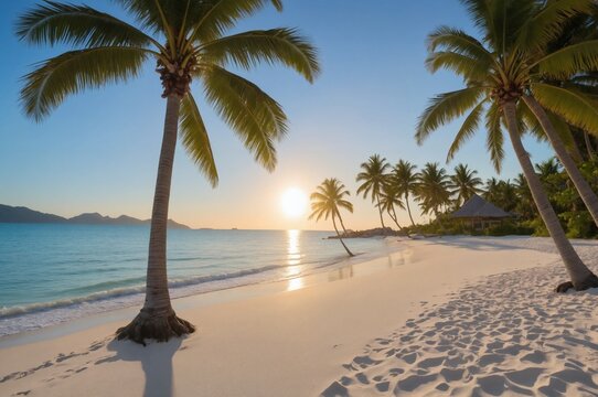 Idyllic beach scene with crystal clear waters and palm trees