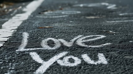 love you written with white chalk on the asphalt