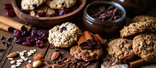 Photography of various food items like oatmeal cookies, biscuits, nuts, dried cranberries, cinnamon, chocolate, and cocoa. - Powered by Adobe