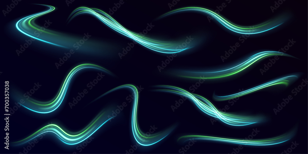 Poster glowing speed lines. neon swirls with light effect in the form of a spiral. laser beams, horizontal 