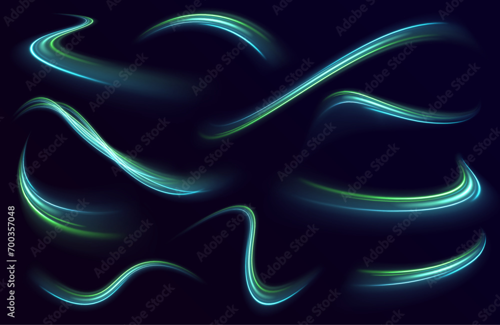 Poster light trail wave, fire path trail line and filament curve rotation. big data traffic visualization, 