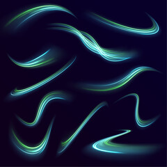 Futuristic dynamic motion technology. Neon color glowing lines background, high-speed light trails effect. Light and stripes moving fast over dark background.	