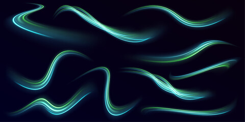 Glowing speed lines. Neon swirls with light effect in the form of a spiral. Laser beams, horizontal light rays. Acceleration speed motion on night road. Vector illustration