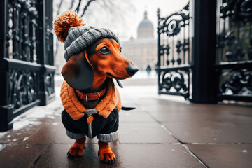 Dachshund dog, dressed in hat a walks through the winter city.