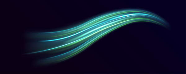 Obraz premium Magic green luminous glow design. Neon motion glowing wavy lines. Vector illustration.Neon swirl. Curve blue line light effect. Energy flow tunnel. Vector illustration