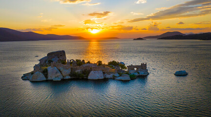 View of Old church building ruins of Heraklia ancient city Bafa Lake of Aegean district at sunset