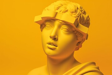 3D model of Aphrodite wearing a mask on a yellow background. Generative AI