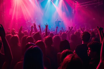 A crowd of young people is dancing to the music at a concert.