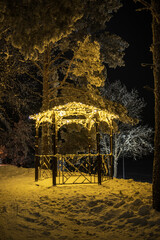Wooden gazebo in the park at night in winter
