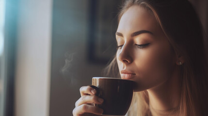 Young woman drinking coffee, enjoying coffee, hot beverage, tea, morning coffee - obrazy, fototapety, plakaty