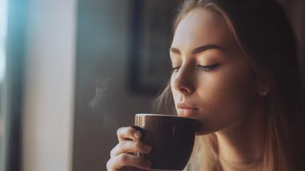 Foto op Plexiglas Young woman drinking coffee, enjoying coffee, hot beverage, tea, morning coffee © Stefano Astorri