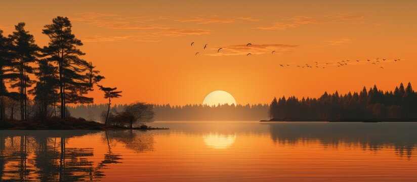 Sunset Orange background on the edge of the lake