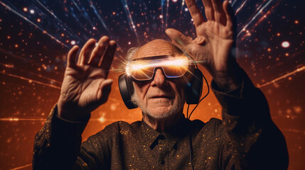 Old man with virtual reality googles, old couple with virtual reality googles, VR googles, VR, virtual reality, playing, game, future, futuristic  - obrazy, fototapety, plakaty