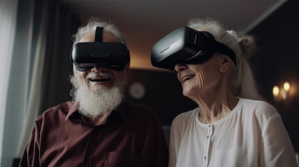 Old man with virtual reality googles, old couple with virtual reality googles, VR googles, VR, virtual reality, playing, game, future, futuristic  - obrazy, fototapety, plakaty