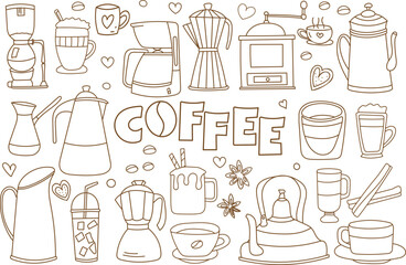 Doodles On The Theme Of Coffee, Anti-Stress Coloring Illustrations Of Coffee Cups And Coffee Machines, Etc., Depict My Image