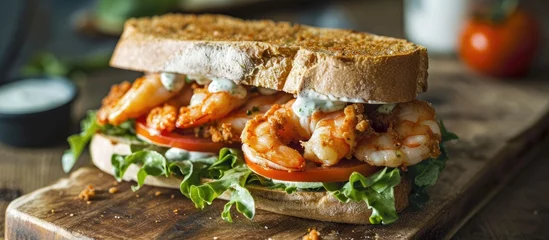 Foto op Aluminium Spicy homemade shrimp sandwich with lettuce, tomato, and tartar sauce. © TheWaterMeloonProjec