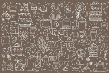 Doodles On The Theme Of Cafe - Coffee And Sweets, Illustration On A Brown Background Of Coffee, Cakes And Sweets
