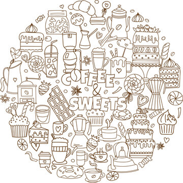 Doodles On The Theme Of Cafe - Coffee And Sweets, Are Stress-Relief Coloring Page Illustrations Featuring Vector Images Of Coffee, Cakes, And Sweets