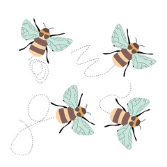 Set of cartoon bee mascot. A small bees flying on a dotted route. Wasp collection. Vector characters. Incest icon. Template design for invitation, cards. Doodle style