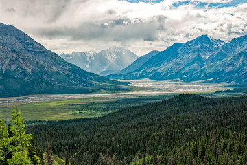 Fototapeta premium The Slims River is visible from the Sheep Creek Trail at Kluane National Park, Yukon, Canada