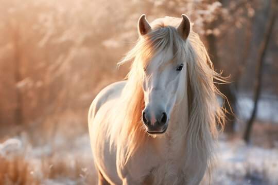 white horse in winter forest.