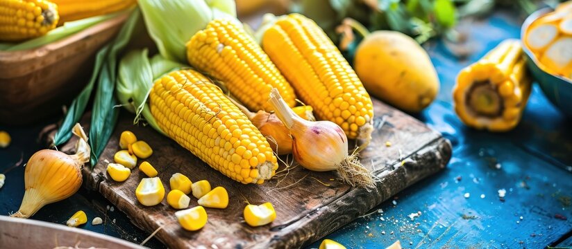 Photograph of fresh yellow vegetables and sweet corn on a wooden board with a blue background.