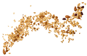 Oatmeal, raisins, cashews and almonds. Granola isolated on background