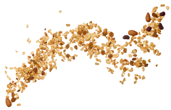 Oatmeal, raisins, cashews and almonds. Granola isolated on background