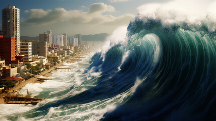 Giant tsunami wave, natural disaster - obrazy, fototapety, plakaty