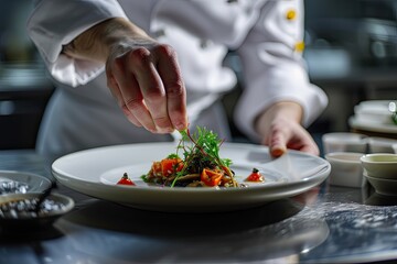 Obraz na płótnie Canvas A chef preparing a delicious dish in a fine restaurant.