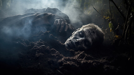 Nasty zombie coming out of grave - obrazy, fototapety, plakaty