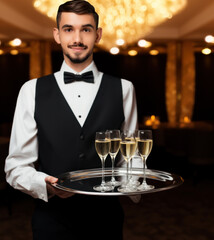Young waiter with glasses of sparkling wine