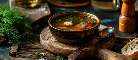 Russian fish soup, known as ukha, with ember and vodka on wooden board. Broth and traditional...