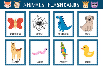 Fototapeta premium Animals flashcards collection for kids. Flash cards set with cute characters for practicing reading skills. Dog, llama, worm and more. Vector illustration