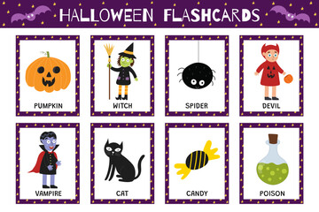 Fototapeta premium Halloween flashcards collection for kids. Flash cards set with cute spooky characters for school and preschool. Learning to read activity for children. Vector illustration