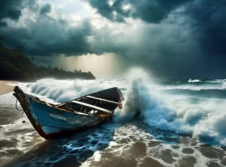 Deurstickers Aground boat on the coast in the middle of a storm on the beach. © D'Arcangelo Stock