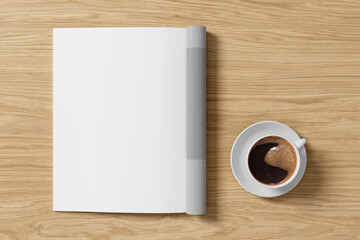 Magazine left-hand page mockup and cup of coffee on wooden desk