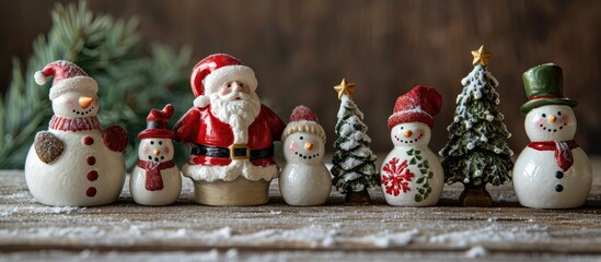 Christmas figurines featuring mini Santa Claus, snowman, trees, and snowflake ornaments.