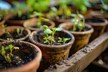 Tiny plants prepared for ground planting in containers