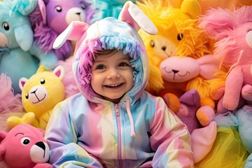 Happy cute baby in an Easter bunny outfit.