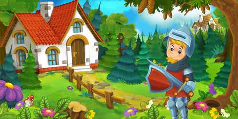 cartoon scene with beautiful rural brick house in the forest on the meadow knight prince illustration for children