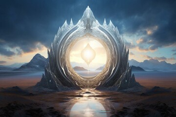 A surreal portal on an alien planet amidst desert and mountains with a brilliant backdrop. Generative AI