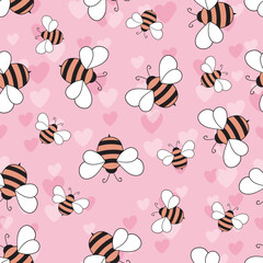 Seamless pattern with bees and hearts on color background. Small wasp. Vector illustration. Adorable cartoon character. Template design for invitation, cards, textile, fabric. Doodle style