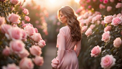 Beautiful woman is walking in pink roses garden at sunrise

