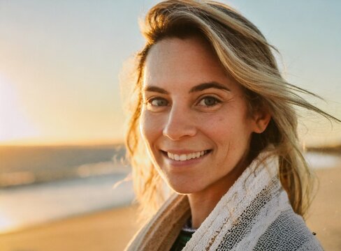 Adult middle aged smiling woman on the beach
