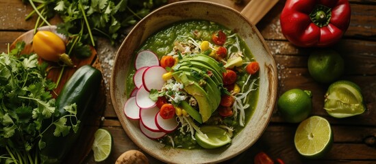 Vegan green pozole with avocado, radish, and cabbage served with raw hominy, poblano pepper,...