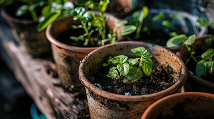 Small plants in pots ready to be planted in the ground